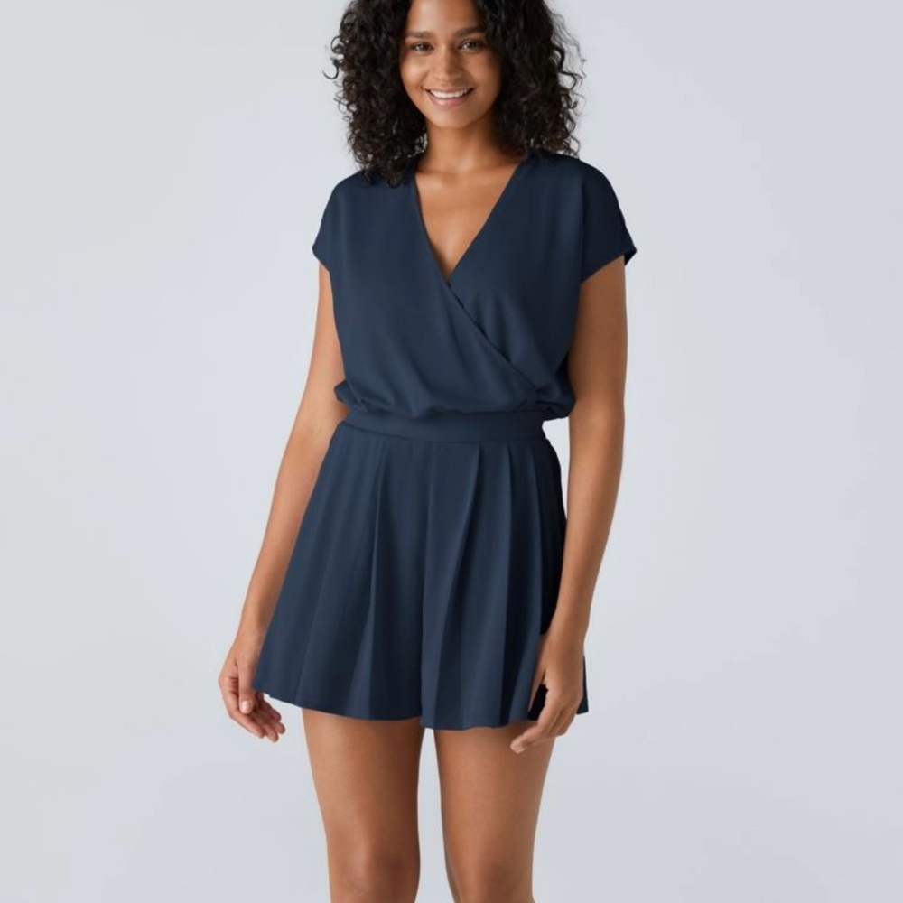Halara Womens V Neck Short Sleeve Waffle Romper Sz Small Blue Pockets NWT